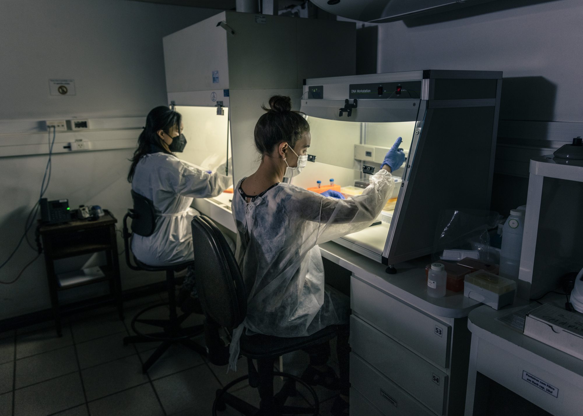 Portrait of the Tropical Medicine Institute's researchers Noeli Ferreira (left) and Marina Farrel ( right) preparing DNA samples for the institute's genetical samples library.