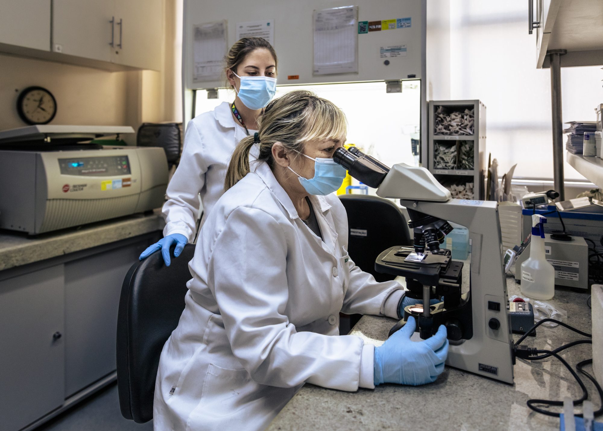 Portrait of the São Paulo University Medical 
investigation laboratory's assistants Raíssa Reis Silva (left) and Elizabeth Alves Pereira (right) during a microscope blood cells analysis.